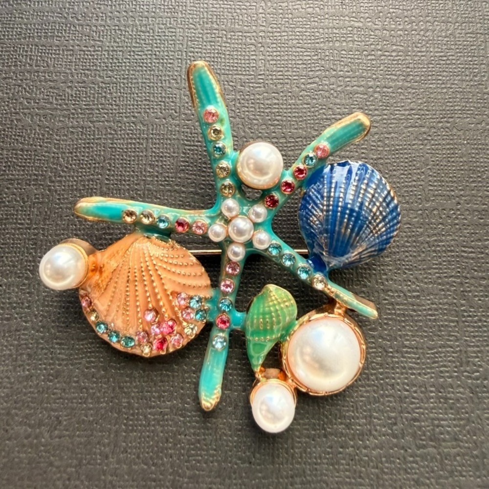 Ocean Theme Starfish Brooch Pin Turquoise Enamel Pearl Shell Nautical Jewelry